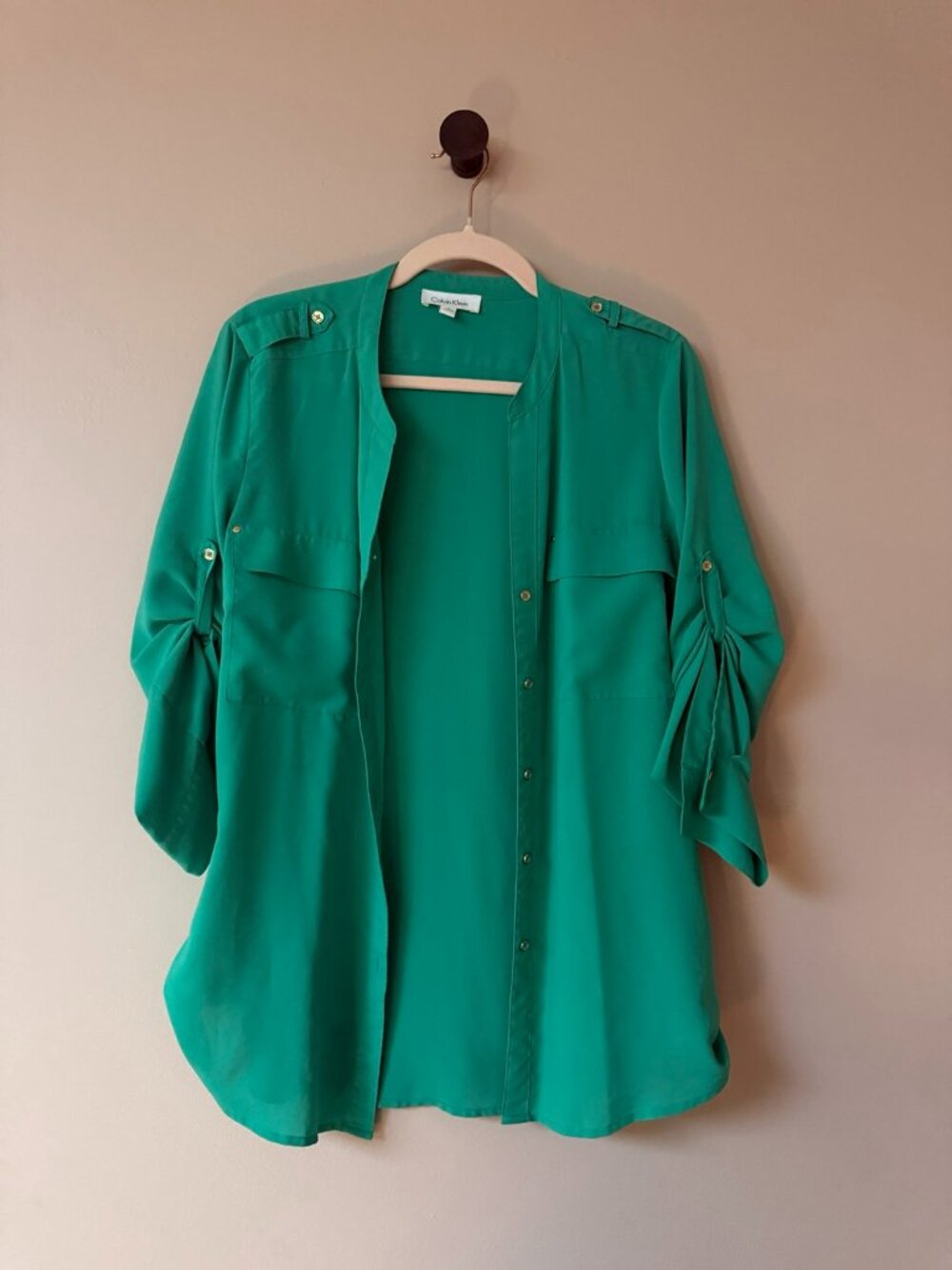 Calvin Klein Green Utility Blouse Gold Buttons Roll Tab Sleeves M